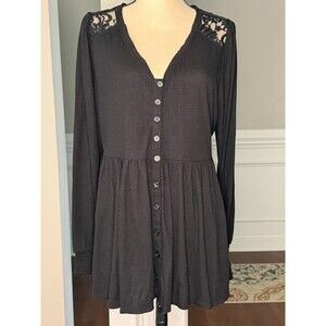 Torrid Knt V-Neck Lace Inset Peasant Sleeve Top Black Sz 2